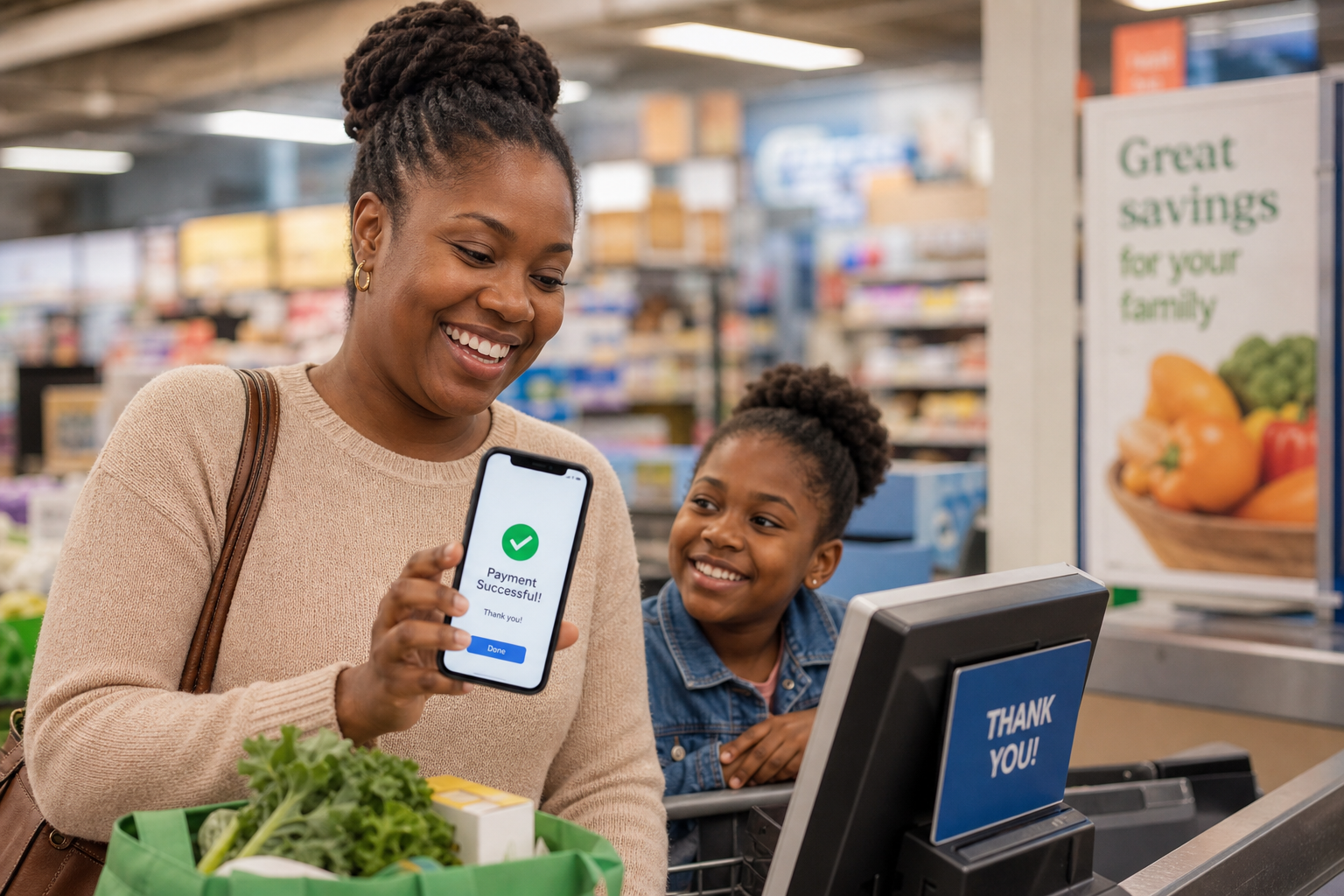 Parent smiling at phone showing successful school fee payment